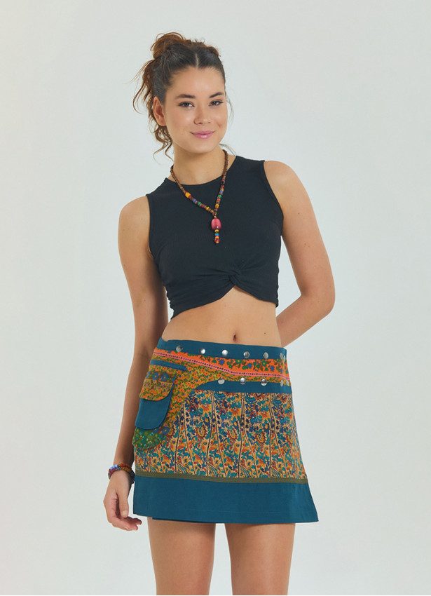 Snap Closure Pocket Patchwork Wrapped Petrol Floral Skirt 4687